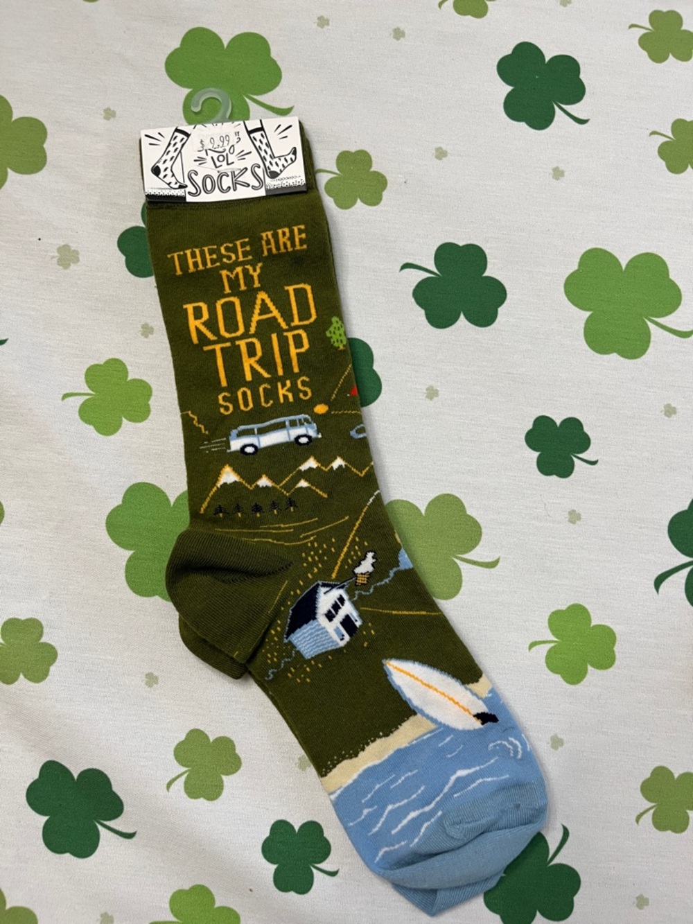 Primitives by Kathy Olive Green Road Trip Crew Socks with Light Blue Toe